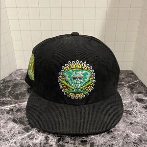 Black Corduroy Hat with Embroidered Design